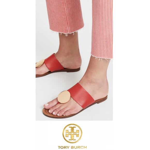 Tory Burch Patos Disc Thing Sandals Leather Red 10.5 - Picture 2 of 4